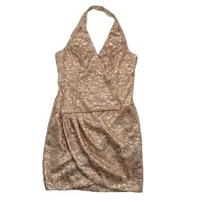 Kameez Mini Halter Dress Gold Glitter Lace